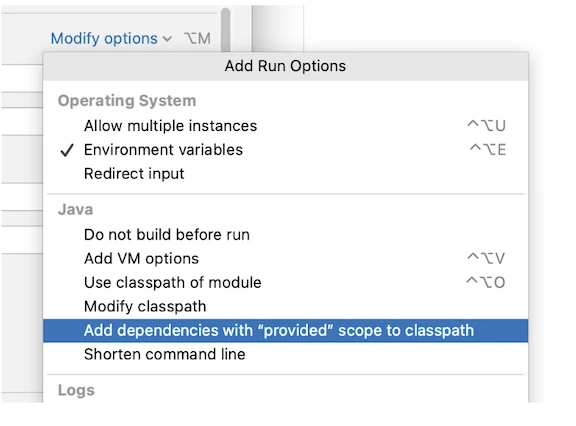 This image shows where to find the Include dependencies with Provided scope setting in IntelliJ. align="left"