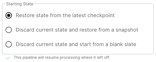 The Decodable Web UI showing the choices for starting state for resuming a custom pipeline