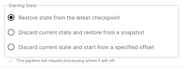 The Decodable Web UI showing the choices for starting state for an existing pipeline