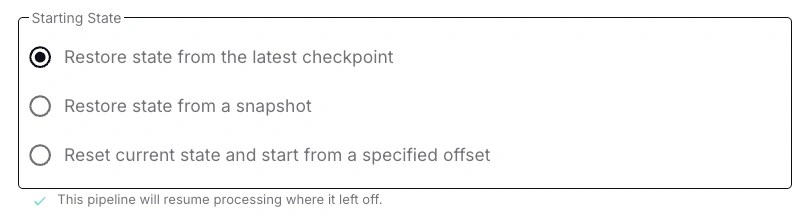 The Decodable Web UI showing the 1st choice for starting state for an existing pipeline