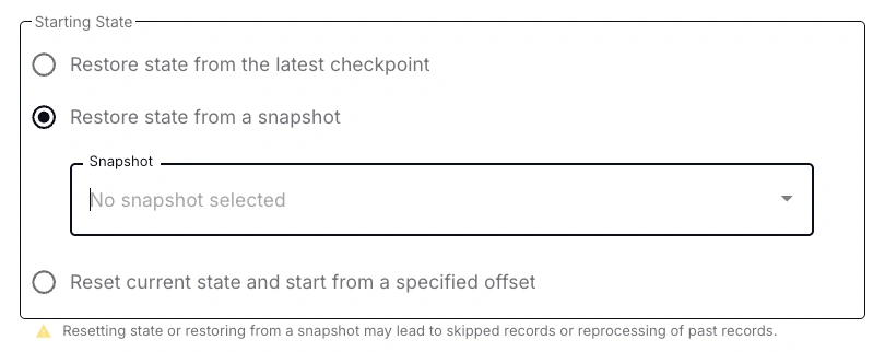 The Decodable Web UI showing the 2nd choice for starting state for an existing pipeline