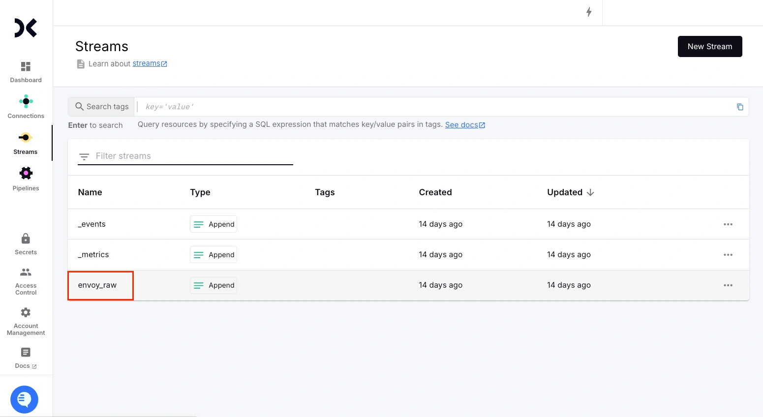 A screenshot showing the available streams in the account. align="left"