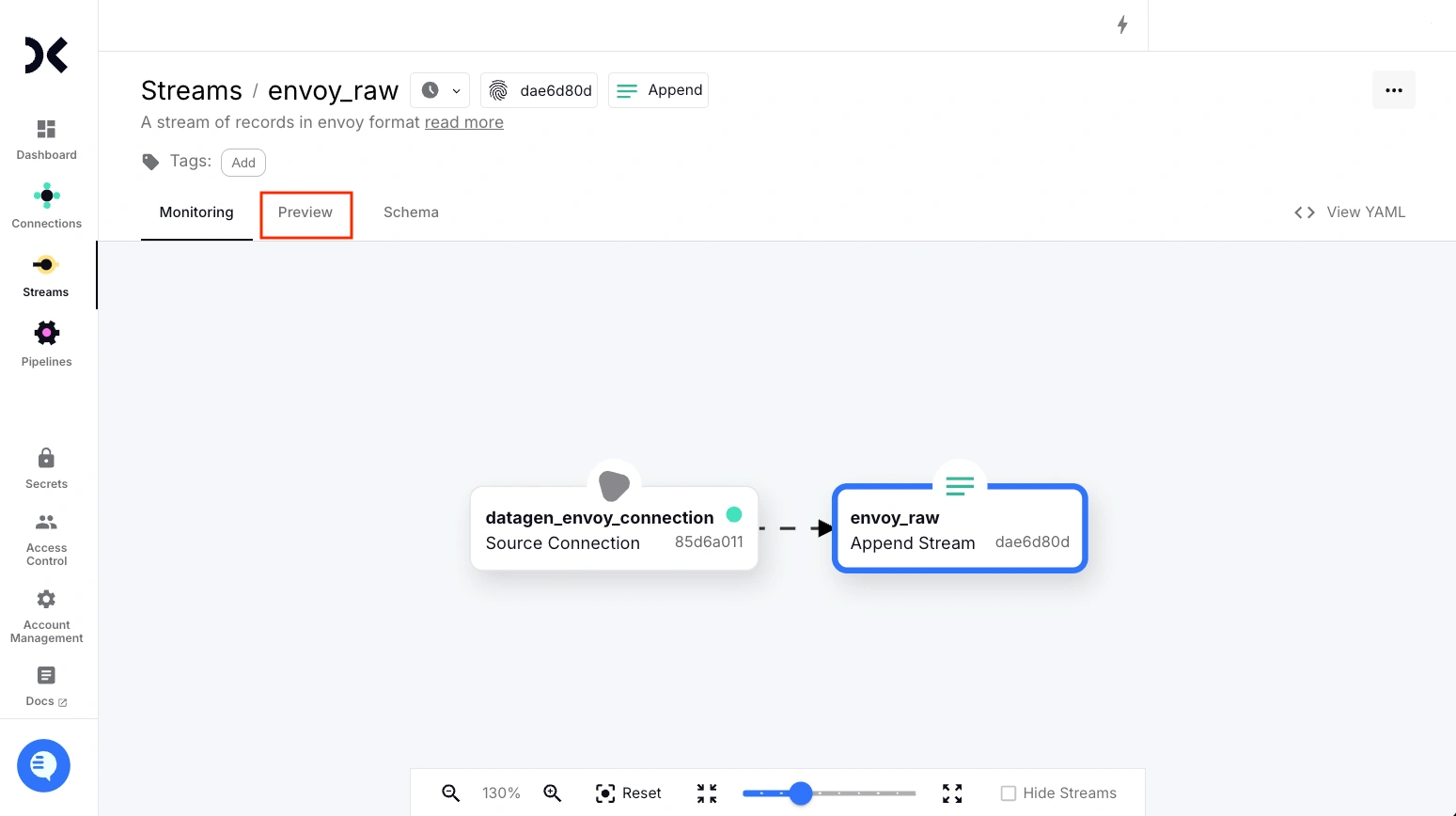 A screenshot showing the monitoring view with the connection feeding data into the stream. align="left"