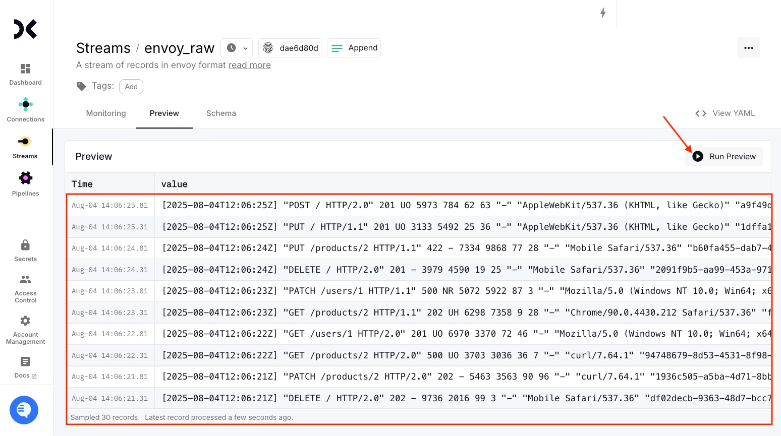 A screenshot showing a sample of the records in this stream. align="left"
