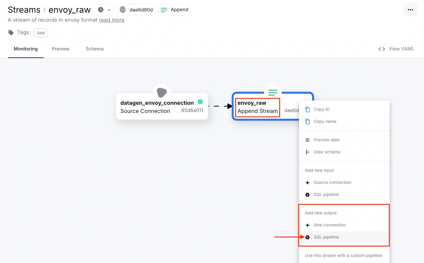 An image showing where to find the Create a pipeline option. width="900"