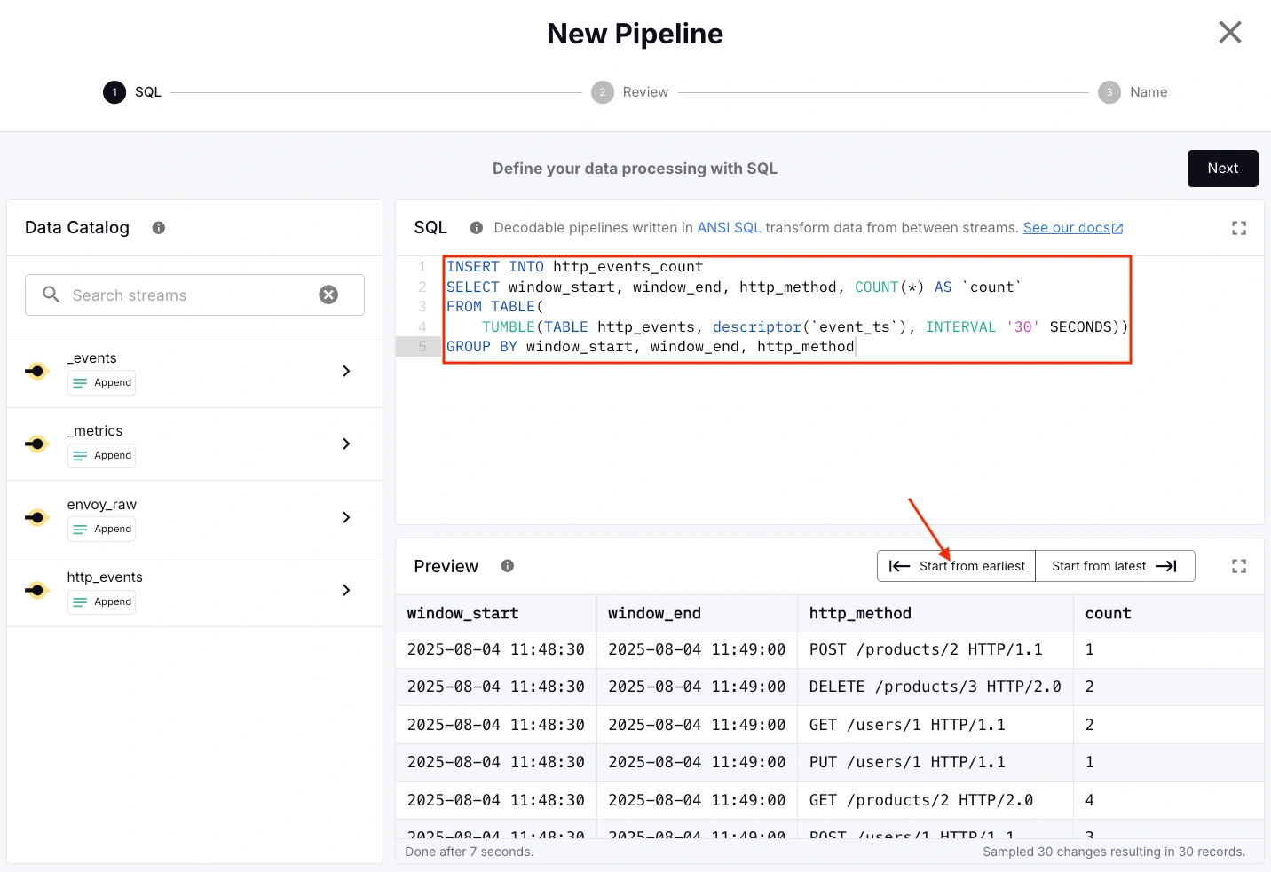 An image showing SQL pipeline preview output for the given query. width="900"